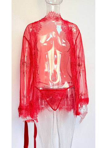 Халат полупрозрачный короткий с кружевом соблазнительный трусики в комплекте цвет белый No Brand Сабріна (322649011)