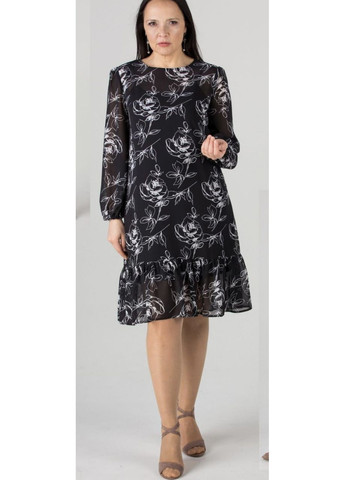 Чорна сукня шифон довгий рукав принт квіти 46 чорна Tell