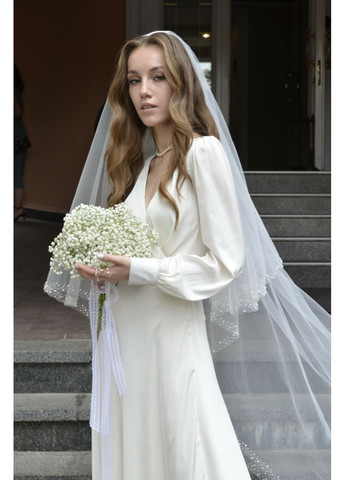 Фата з ручною вишивкою по краю 2078 біла, айворі No Brand (369162798)