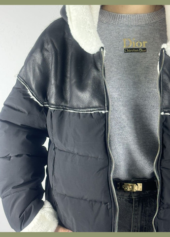 Чорна куртка жіноча, чорного кольору, комбинована еко шкіра з курточкою тканиною, укорочена, з капюшоном, відділка білим хутром Lady yep