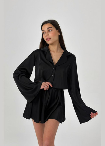 Черная всесезон черная пижама из шелка с рубашкой и шортами - joy kari shop atelier (183pj-18shs-bl) Ova Ova Brand