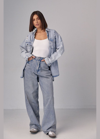 Синяя повседневный рубашка однотонная Liton с длинным рукавом