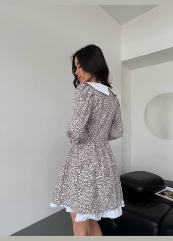 Серое повседневный платье мини с отложным воротником и объемными рукавами клеш MonCher с цветочным принтом