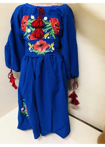 Синя плаття вишиванка для дівчинки з поясом мама дочка family look 98 104 110 116 122 128 134 140 146 152 158 158 (368999041)