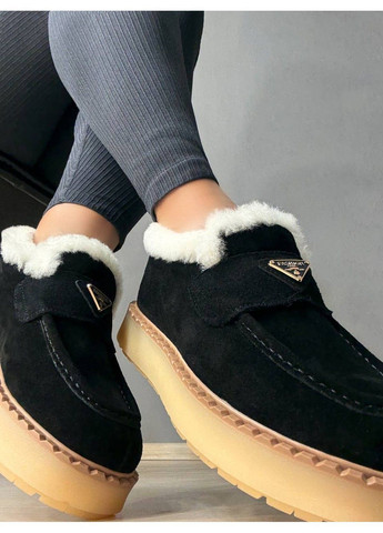 Осенние ботинки женские 69-2 замшевые лоферы на меху черные Hengji из натуральной замши
