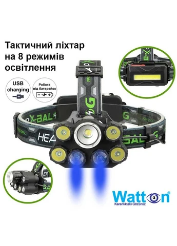 Акумуляторний налобний багатофункціональний воєнний ліхтар з LED освітленням WT-247 дальністю 250-400 м Watton (338854975)