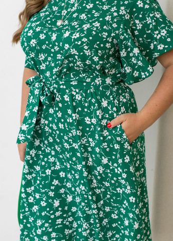 Зеленое повседневный, кэжуал платье летнее из штапеля миди с поясом колокол, а-силуэт No Brand с цветочным принтом