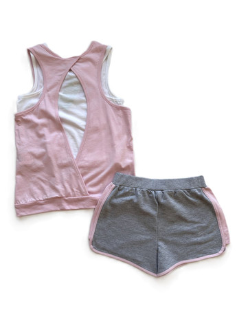 Рожевий літній комплект костюм для дівчинки трійка футболка рожева + майка біла + шорти срі /wonder woman 2000-49 (140 см) OVS