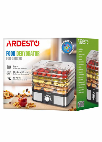 Сушарка для продуктів 550Вт, піддонів - 5x3см, макс - 70°С, пластик, чорний+нерж Ardesto (330031896)