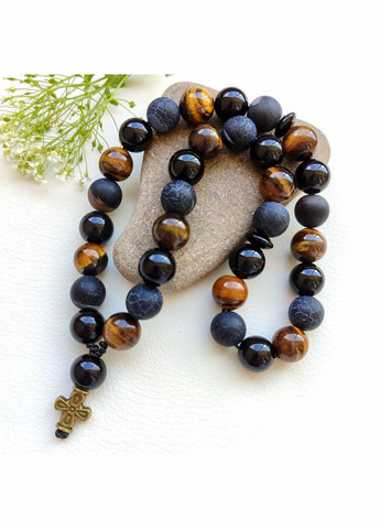 Чотки з Чорного агату та Тигрового ока з хрестом 33 намистини d 1мм No Brand (331293528)