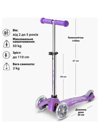 Самокат серії "Mini Deluxe Fairy Glitter LED" – ПУРПУРОВИЙ (до 50 kg, 3-х колісний, світло) (MMD207) Micro (326850958)