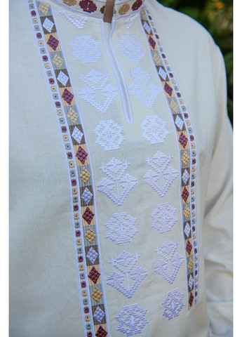 Молочная мужская льняная вышиванка с геометрической вышивкой этническая рубашка V&V узор орнамент прямой, приталенная, свободная лен (369378589)