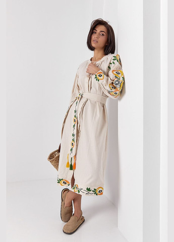 Бежева вишита сукня контраст сіра бавовна Delvinss з квітковим принтом