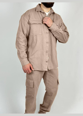 Бежевый демисезонный стильный бежевый костюм 2-ка из качественной ткани: джинс-бенгалин, трендовый костюм двойка (рубашка+штаны) No Brand 403