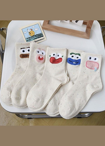 Бежевые носки женские, высокие с рисунками рожицы, хлопчатобумажные 35-40р. набор 5 шт. (336386167)