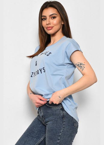Голубая летняя футболка женская полубатальная с надписью голубого цвета Let's Shop