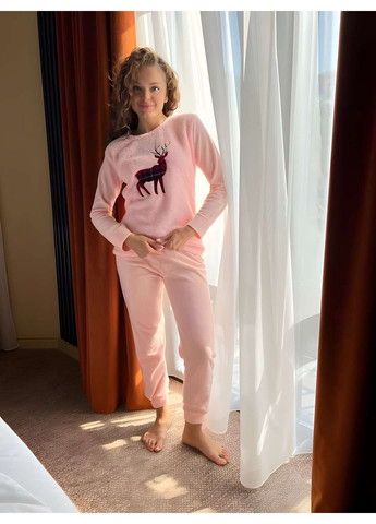 Розовая женская теплая зимняя махровая пижама, махра и флис, олени, на подарок No Brand