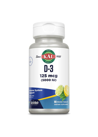 Витамин D3 D-3 5000 IU 125mcg - 90 tabs Lemon Lime KAL (285736308)