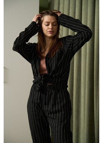 Чорна піжама жіноча у смужку льон linen strip чорна сорочка + брюки Handy Wear