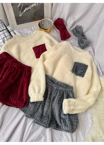 Светло-бордовая всесезон женская пижама тройка свитшот + шорты No Brand