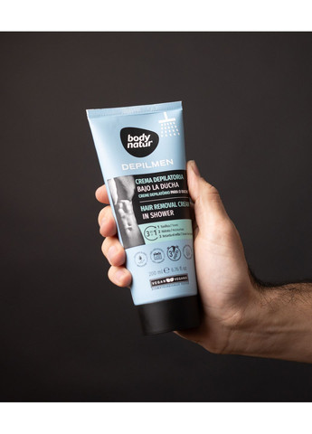 Крем для депіляції в душі чоловічий з потрійною дією: депілює відлущує і очищує з мочалкою Depilmen In-Shower 200 ml Body Natur (356109078)