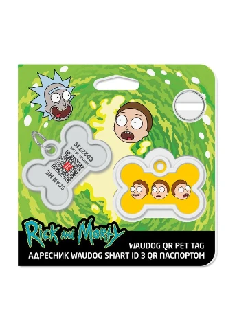 Адресник для собак металевий Smart ID c QR паспортом, малюнок «Рік і Морті 2», кістка, Д 40 мм, Ш 28 мм WAUDOG (330245134)