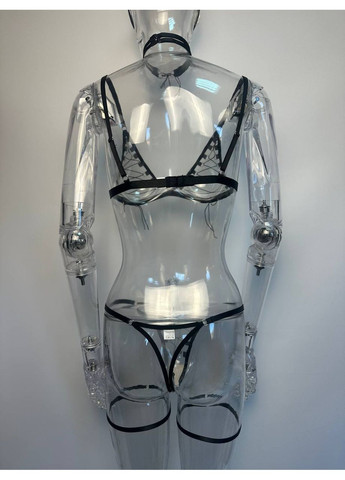 Чорний демісезонний комплект жіночої нижньої білизни poker з шнурівкою бюстгалтер трусики з гартерами та чокер червоний No Brand Покер