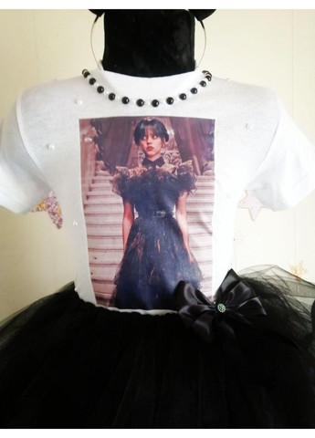 Белый праздничный костюм для девочки "уэнздей" - футболка, юбка, обруч юбочный No Brand