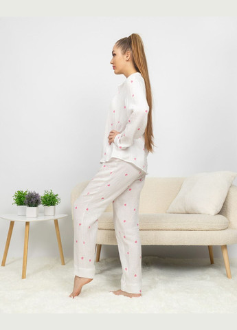 Белая всесезон пижама женская костюм домашний из муслина рубашка со штанами розовые сердца Maybel