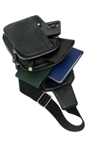 Стильная мужская сумка-слинг нагрудная из натуральной кожи на молнии, чёрная LQ 819510 (278649373)