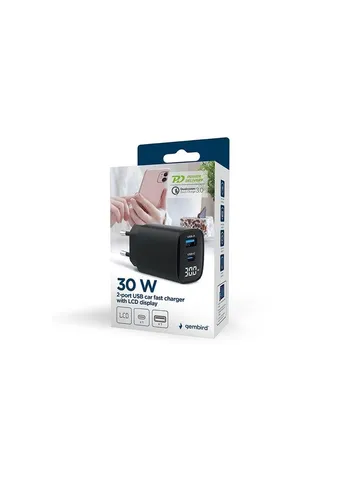 Зарядний пристрій 1xUSB-A (QC3.0 18W) + 1 Type-C (PD20W) LCD black (TA-UC-PDQC30LCD-BK-01) Gembird (385200782)