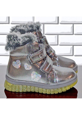 Серебряные зимние ботинки дутики утепленные на овчине липучках для девочки Clibee на липучке