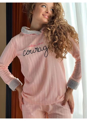 Персикова жіноча тепла флісова піжама з капюшоном, теплий домашній костюм No Brand