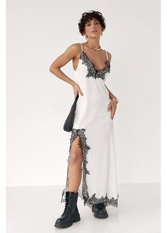 Черно-белое сатиновое платье на бретелях с кружевом Lurex