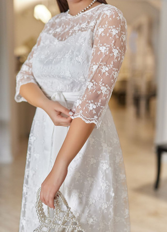 Белое праздничный, коктейльное, вечернее платье-миди из сеточки клеш, колокол No Brand однотонное