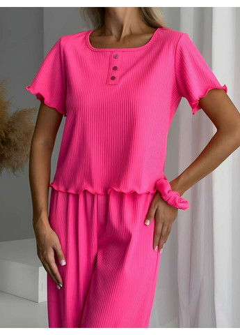 Малинова жіноча зручна домашня піжама домашній комплект футболка і широкі штани рубчик сірий Україна