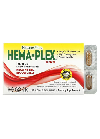 Залізо з Комплексом Поживних Речовин Hema-Plex - 30 таб (блістер) Nature's Plus (285718706)
