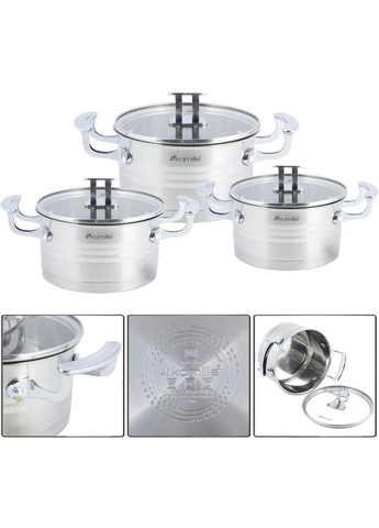 Набір 3 каструлі Casserote 1.7л, 2.4л, 3.1л з нержавіючої сталі зі скляними кришками Kamille (339779100)