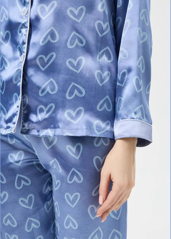 Светло-голубая всесезон женская атласная пижама с сердечками пижамный комплект двойка рубашка и брюки набор для дома с принтом сердечка рубашка + брюки Cindylove