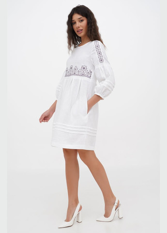 Белое вышитое мини платье из тонкого льна с цветочным геометрическим орнаментом пектораль. черный, р.38, код 0401/38/147 ГАЛЕРЕЯ ЛЬОНУ