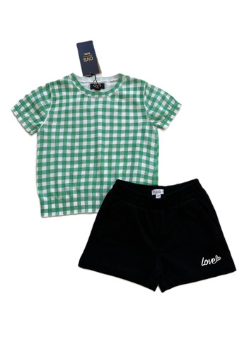 Зеленый летний комплект костюм для девочки футболка зеленая в клетку 2000-15 + шорты черные love1000-4 (110 см) OVS
