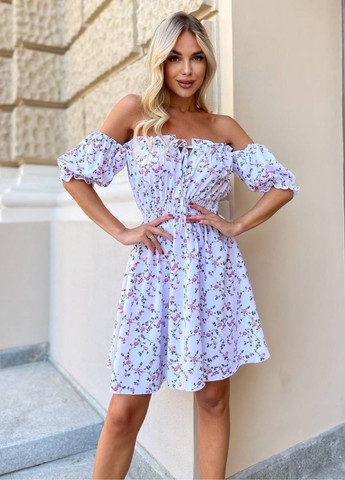 Бузкова повсякденний сукня міні з коротким рукавом ліхтарик на гумці з спідницею-сонце Tik-Tak з квітковим принтом