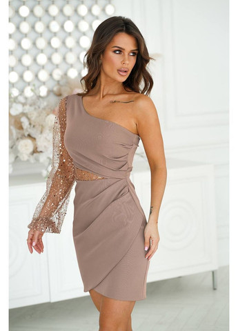 Бежева міні сукня на одне плече з паєтками на одне плече No Brand