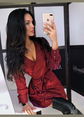 Червона вечірня, святковий шикарна сукня міні на запах червоного кольору на запах No Brand однотонна