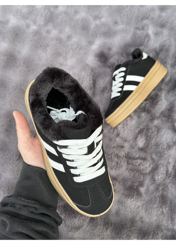 Кросівки жіночі зимові чорні білі смужки на бежевій платформі замшеві теплі з хутром снікерси повсякденні No Brand (365307544)