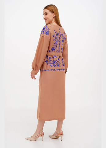 Бежева максі сукня-вишиванка з льону з об'ємним рукавом та квітковим орнаментом любисток., р., код 0336/44/744 ГАЛЕРЕЯ ЛЬОНУ