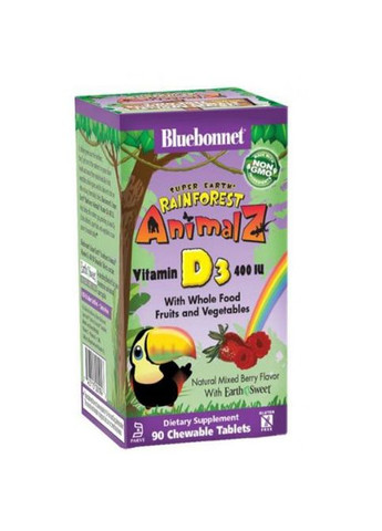 Rainforest Animalz Vitamin D3 400 IU for kids 90 Chewable Tabs Natural Mixed Berry Flavor Bluebonnet Nutrition (294058481)