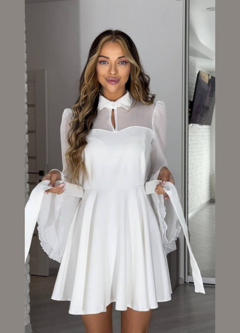 Молочна коротка сукня з рукавами із шифону кольору молоко – легкість та елегантність для вечірніх образів No Brand однотонна