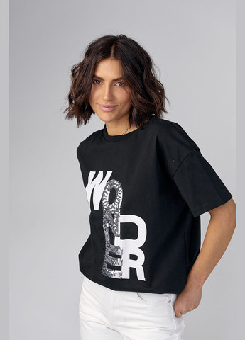 Чорна літня жіноча футболка з принтом та паєтками Lurex