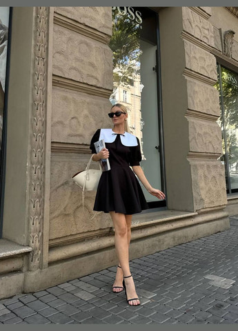 Чорна стильне чорне плаття з костюмки з білим котоновим коміром+мереживо, коротке плаття зі знімним коміром No Brand однотонна